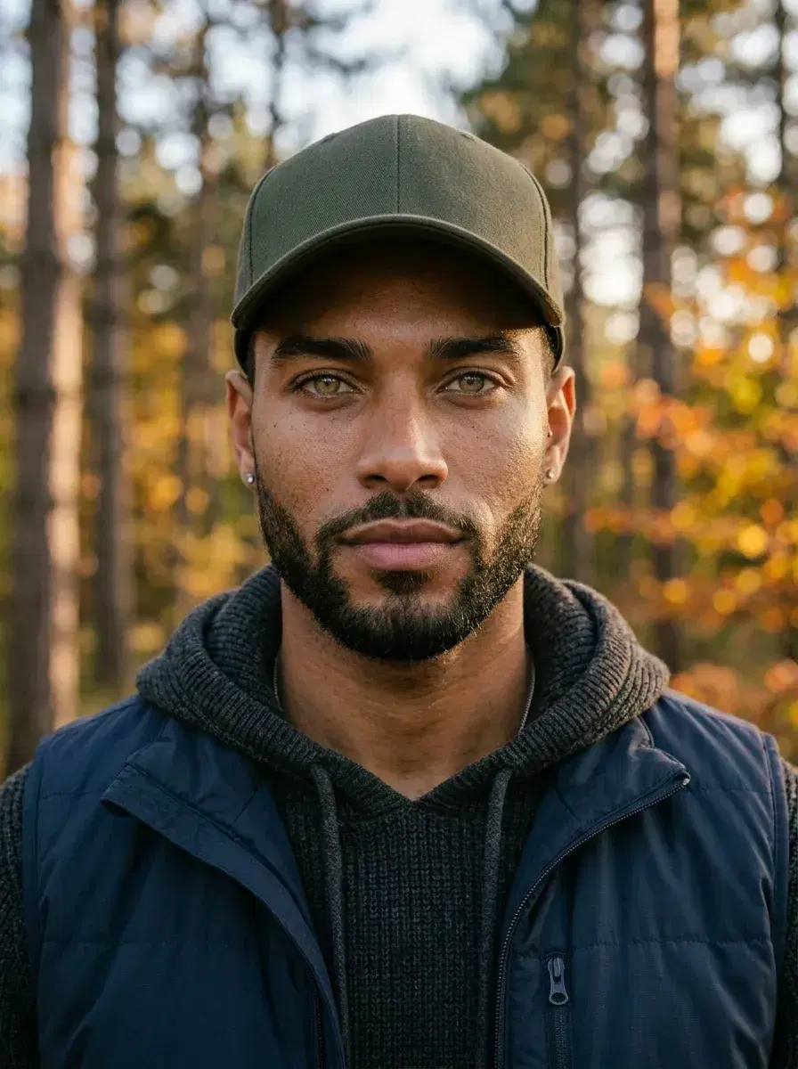 AI AI Hiking Photos — Trail-Ready Portraits — Close-up portrait of a hiker in autumn forest light