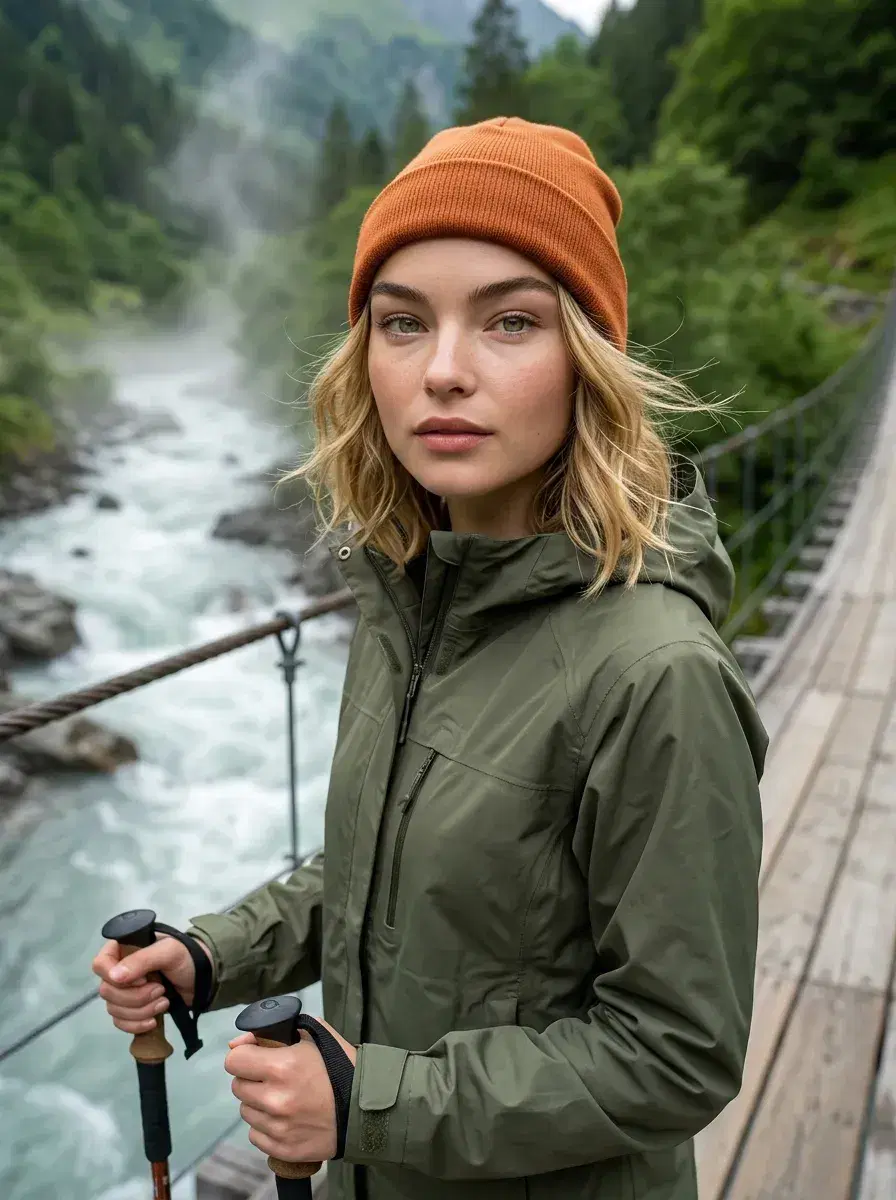 AI AI Hiking Photos — Trail-Ready Portraits — Hiker on a suspension bridge over a glacial river