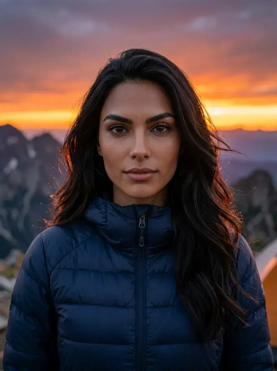 AI AI Hiking Photos — Trail-Ready Portraits — Hiker in insulated jacket at a high-altitude sunset campsite
