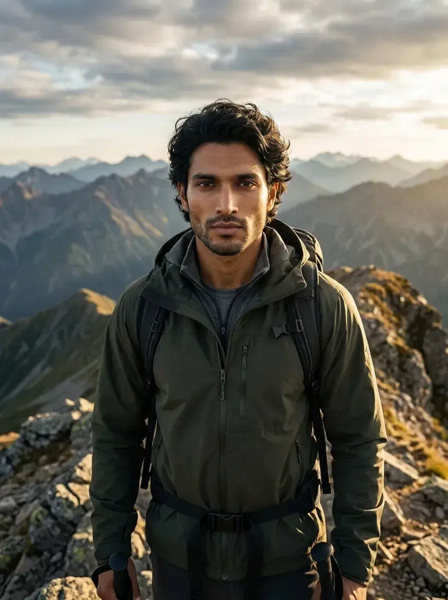 AI AI Hiking Photos — Trail-Ready Portraits — Person in hiking gear on a mountain ridgeline at golden hour