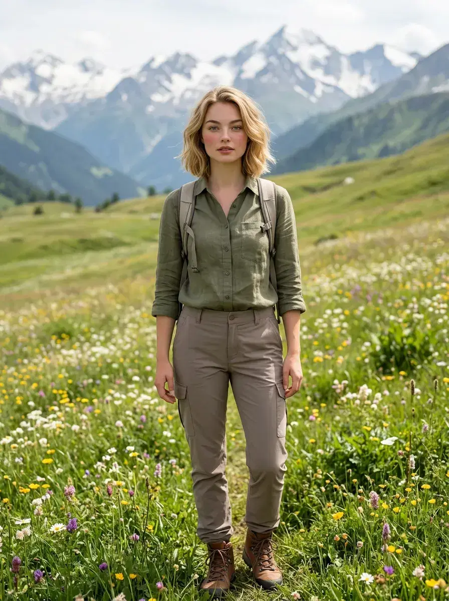 AI AI Hiking Photos — Trail-Ready Portraits — Person in hiking outfit at an alpine meadow with snow-capped peaks