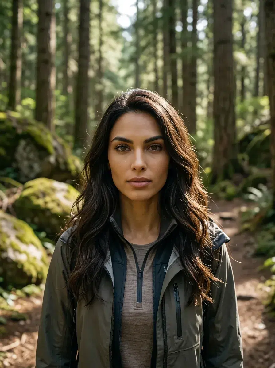 AI AI Hiking Photos — Trail-Ready Portraits — Hiker chest-up in a mossy Pacific Northwest forest trail