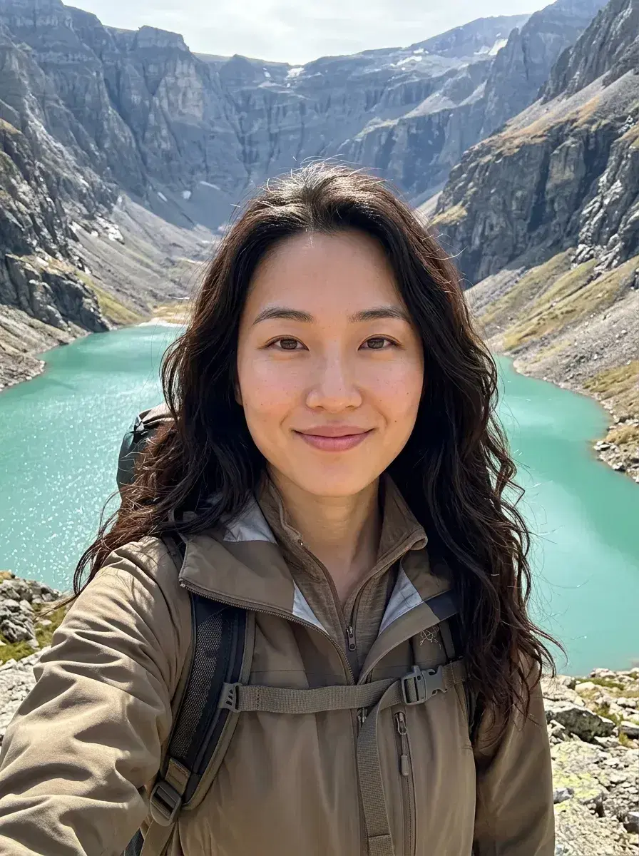 AI AI Hiking Photos — Trail-Ready Portraits — Hiker at a high-altitude glacial lake overlook