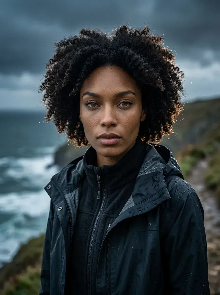 AI AI Hiking Photos — Trail-Ready Portraits — Person in outdoor gear on a windswept coastal cliff trail