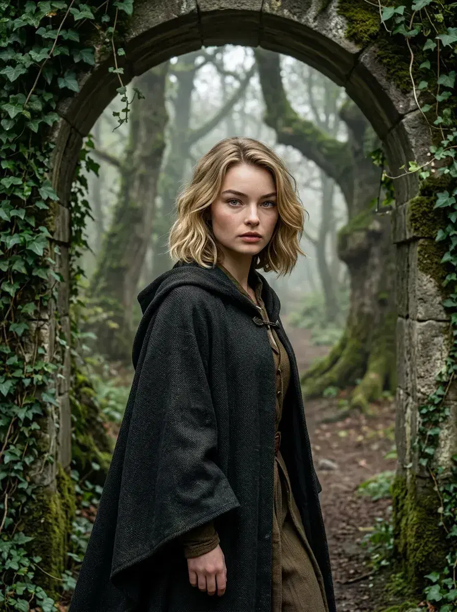 AI AI Hogwarts Photos — Wizarding Magic — Person in wizarding cloak stepping through a stone archway into a misty forest