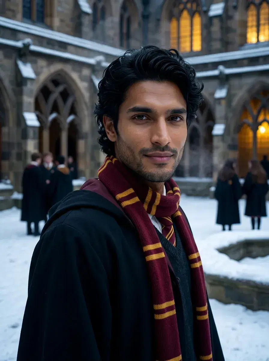 AI AI Hogwarts Photos — Wizarding Magic — Person in robes and scarf in a snowy wizarding castle courtyard
