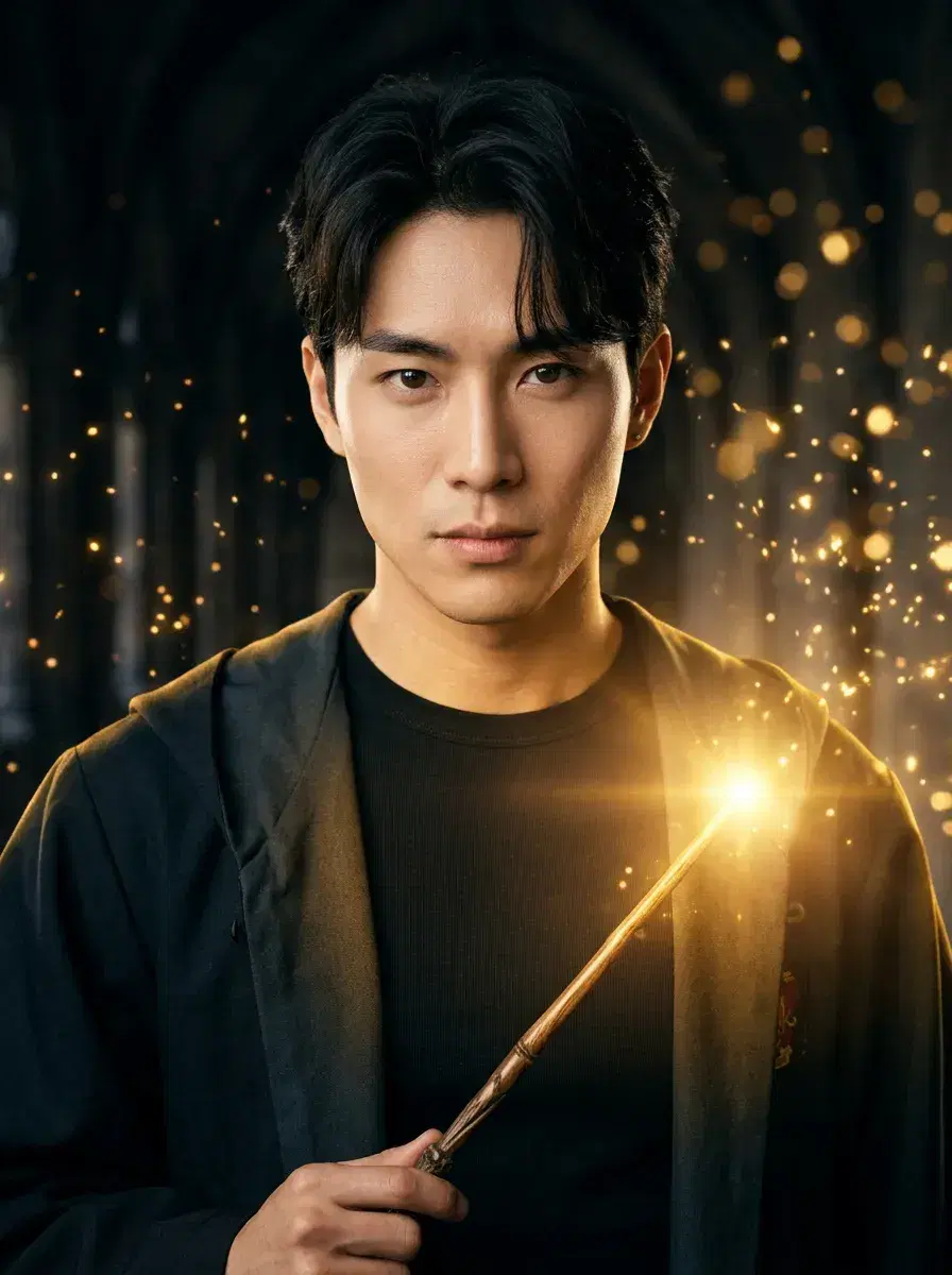 AI AI Hogwarts Photos — Wizarding Magic — Person in robes casting a glowing spell with wand in a dark corridor