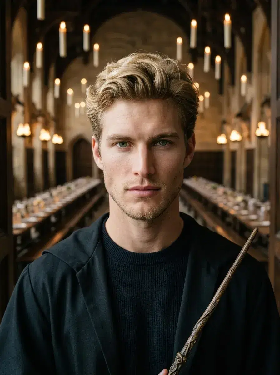 AI AI Hogwarts Photos — Wizarding Magic — Person in robes holding a wand at the entrance to the Hogwarts great hall