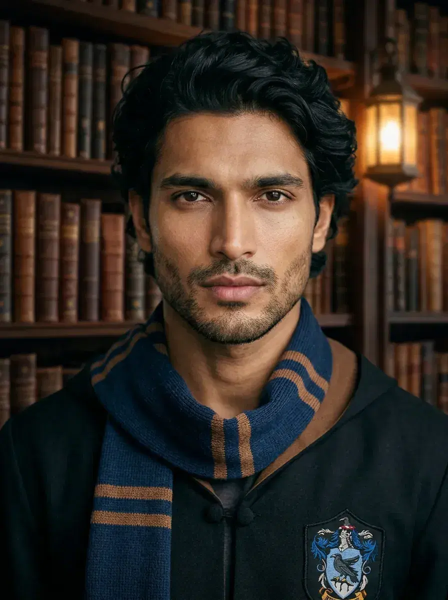 AI AI Hogwarts Photos — Wizarding Magic — Person in house scarf and robes in a wizarding library