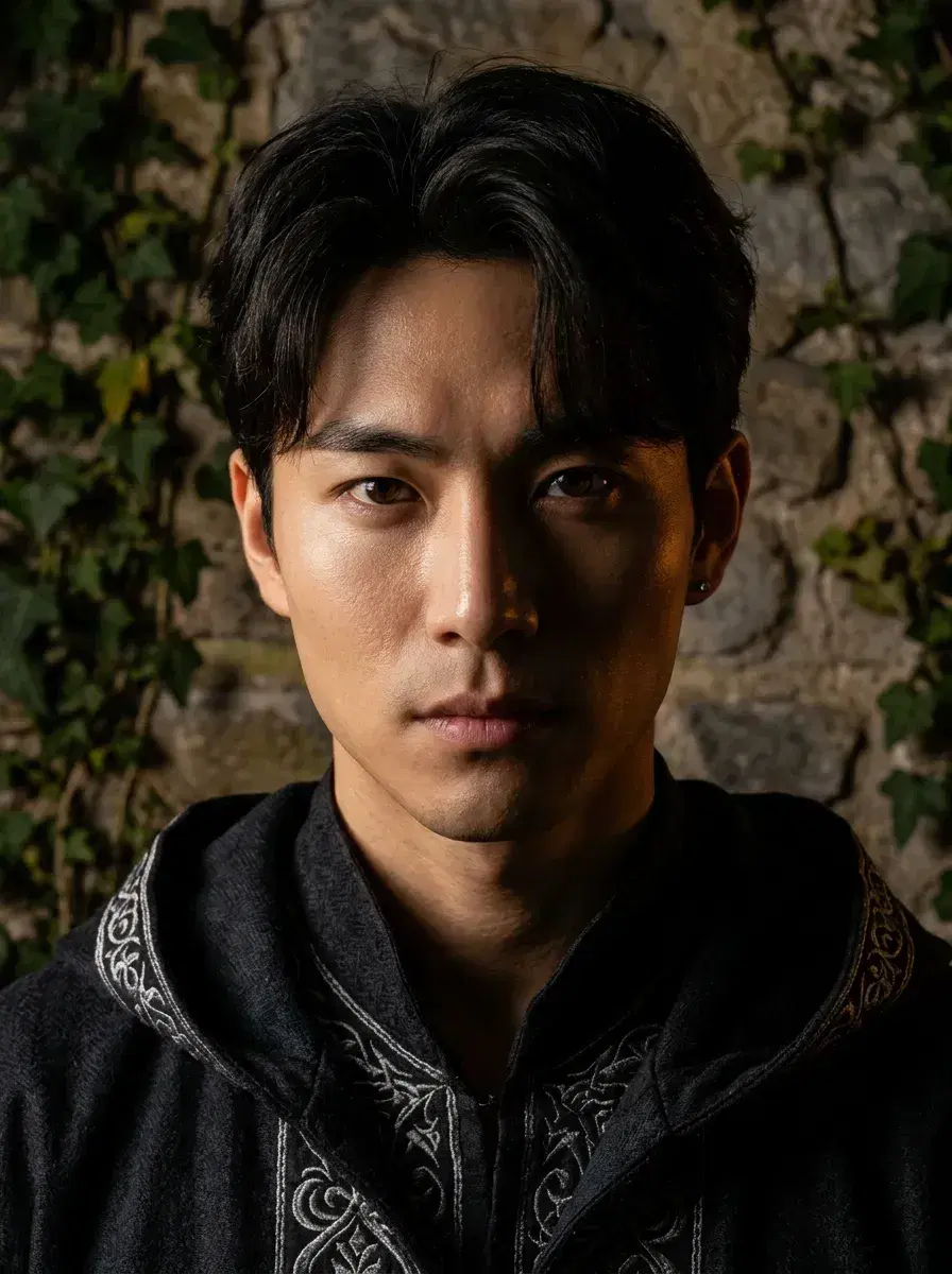 AI AI Hogwarts Photos — Wizarding Magic — Close-up cinematic portrait of a person in dark wizarding robes by candlelight