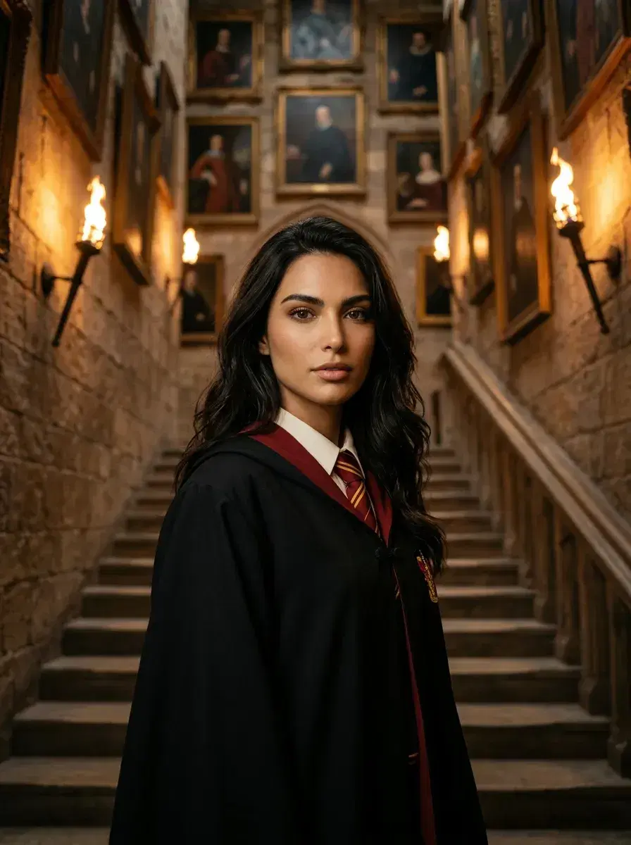 AI AI Hogwarts Photos — Wizarding Magic — Person in robes on a magical castle staircase