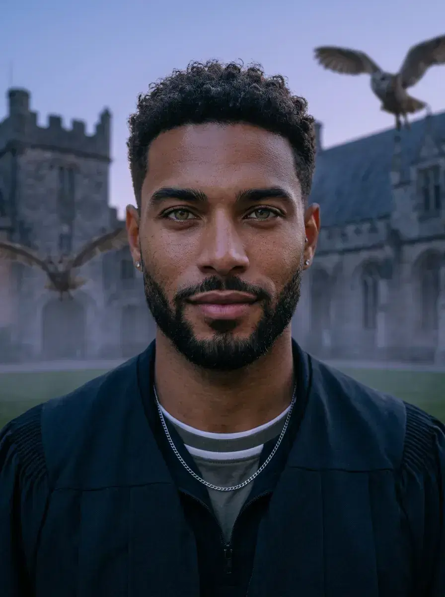 AI AI Hogwarts Photos — Wizarding Magic — Person in wizarding robes in a gothic castle courtyard at dusk