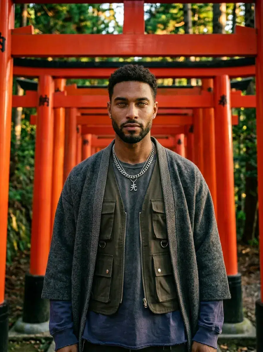 AI AI Kyoto Photos — Timeless Japan Portraits — Person at Fushimi Inari shrine torii gates Kyoto Japan editorial portrait