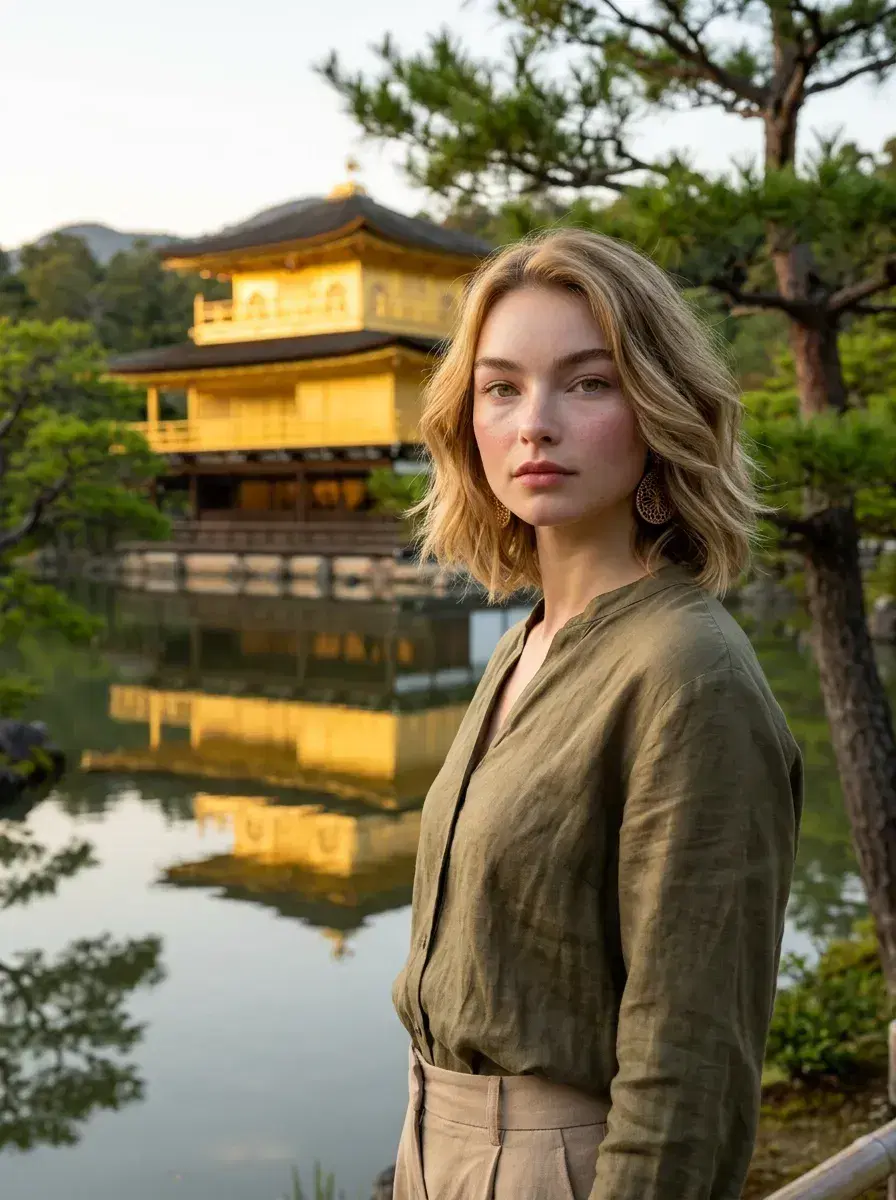AI AI Kyoto Photos — Timeless Japan Portraits — Person at Kinkaku-ji golden pavilion reflection pond Kyoto Japan