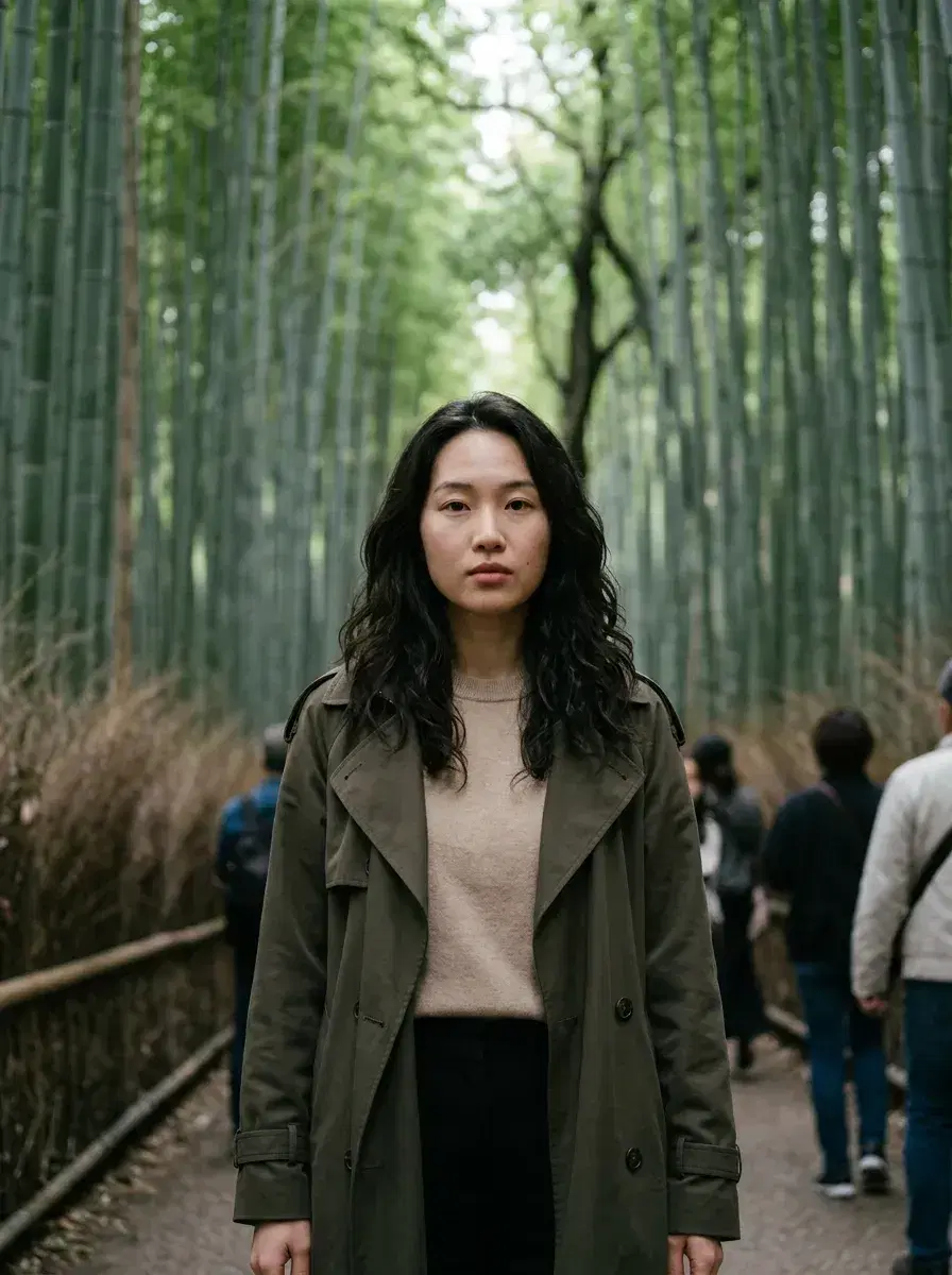 AI AI Kyoto Photos — Timeless Japan Portraits — Person inside Arashiyama bamboo grove Kyoto wide editorial shot