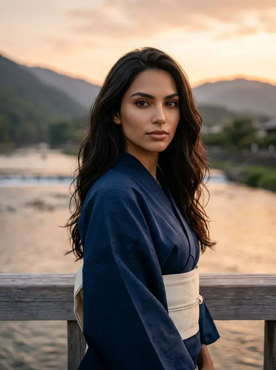 AI AI Kyoto Photos — Timeless Japan Portraits — Person on Arashiyama bridge over Oi River Kyoto Japan golden hour