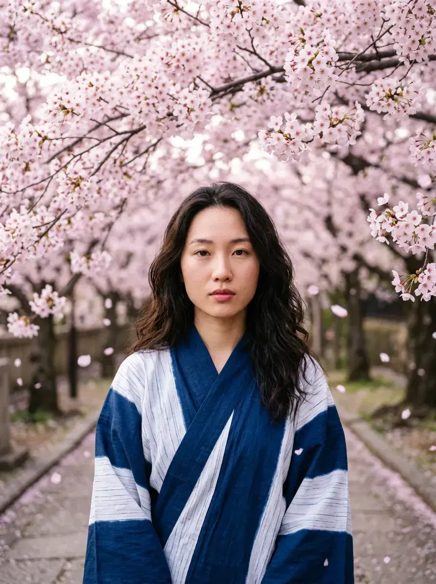 AI AI Kyoto Photos — Timeless Japan Portraits — Person in traditional Japanese outfit under cherry blossom trees in Kyoto spring
