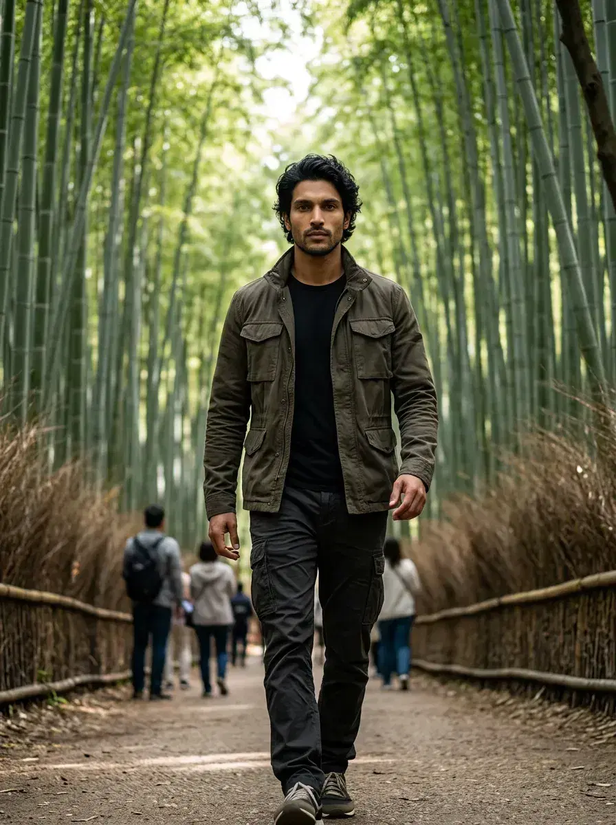 AI AI Kyoto Photos — Timeless Japan Portraits — Person in street style outfit inside the Arashiyama bamboo grove Kyoto