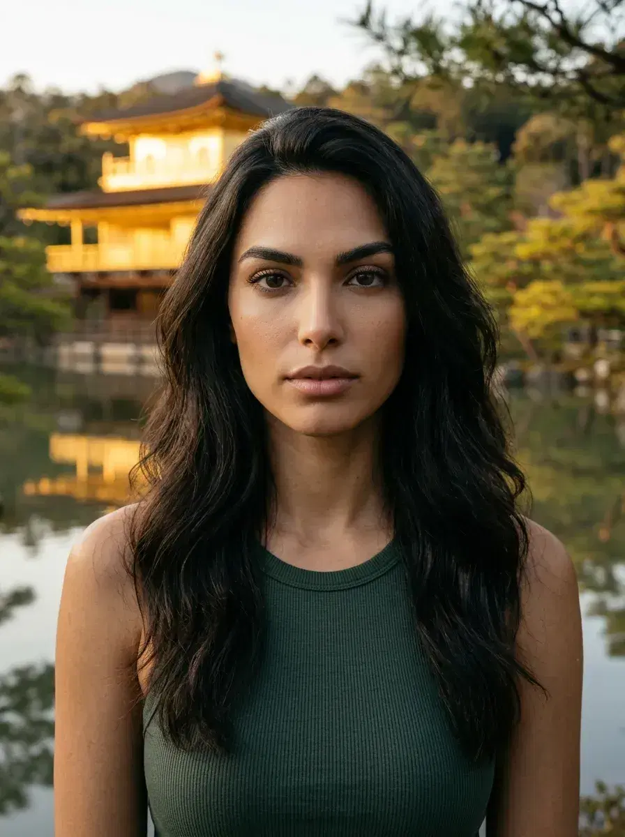 AI AI Kyoto Photos — Timeless Japan Portraits — Person in front of Kinkaku-ji Golden Pavilion reflection Kyoto