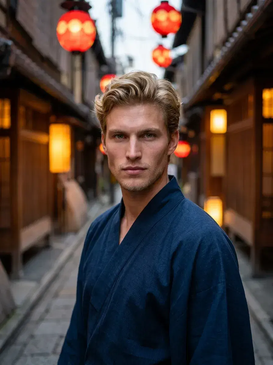 AI AI Kyoto Photos — Timeless Japan Portraits — Person in yukata in lantern-lit Gion district alley Kyoto at dusk