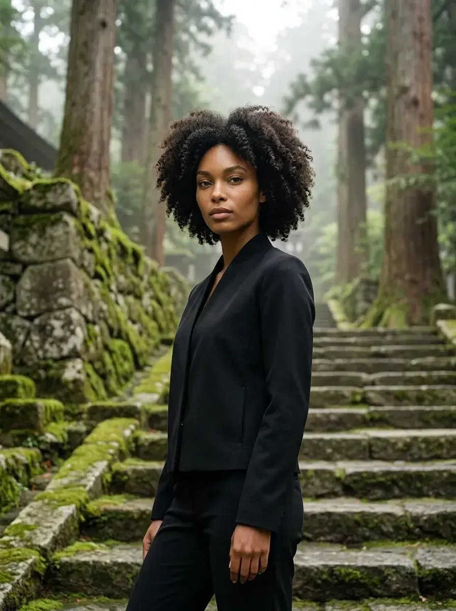 AI AI Kyoto Photos — Timeless Japan Portraits — Person at ancient moss temple steps Kyoto Japan misty morning