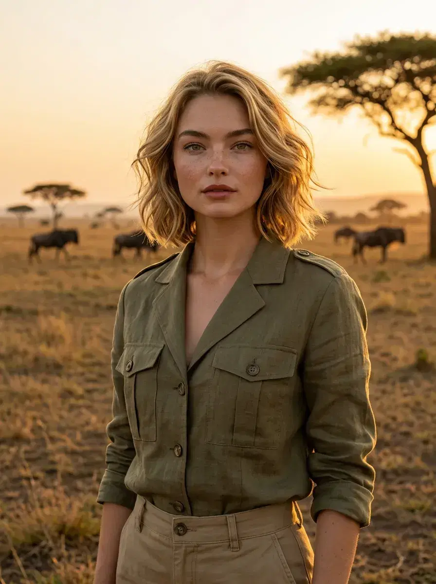 AI AI Masai Mara Photos — Safari Portraits — Person in safari outfit on Masai Mara savanna at golden hour with wildebeest in the background