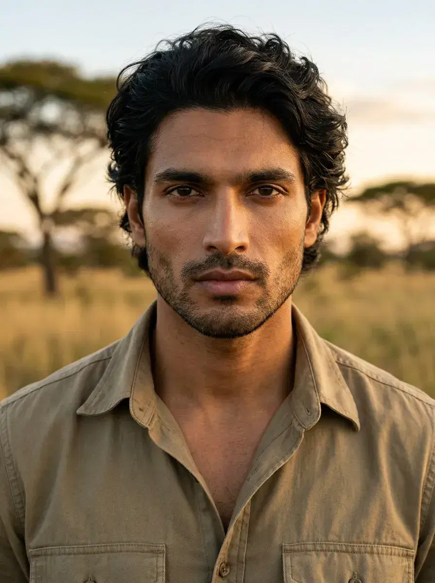 AI AI Masai Mara Photos — Safari Portraits — Close-up portrait on the Masai Mara savanna with warm golden light and blurred grassland background