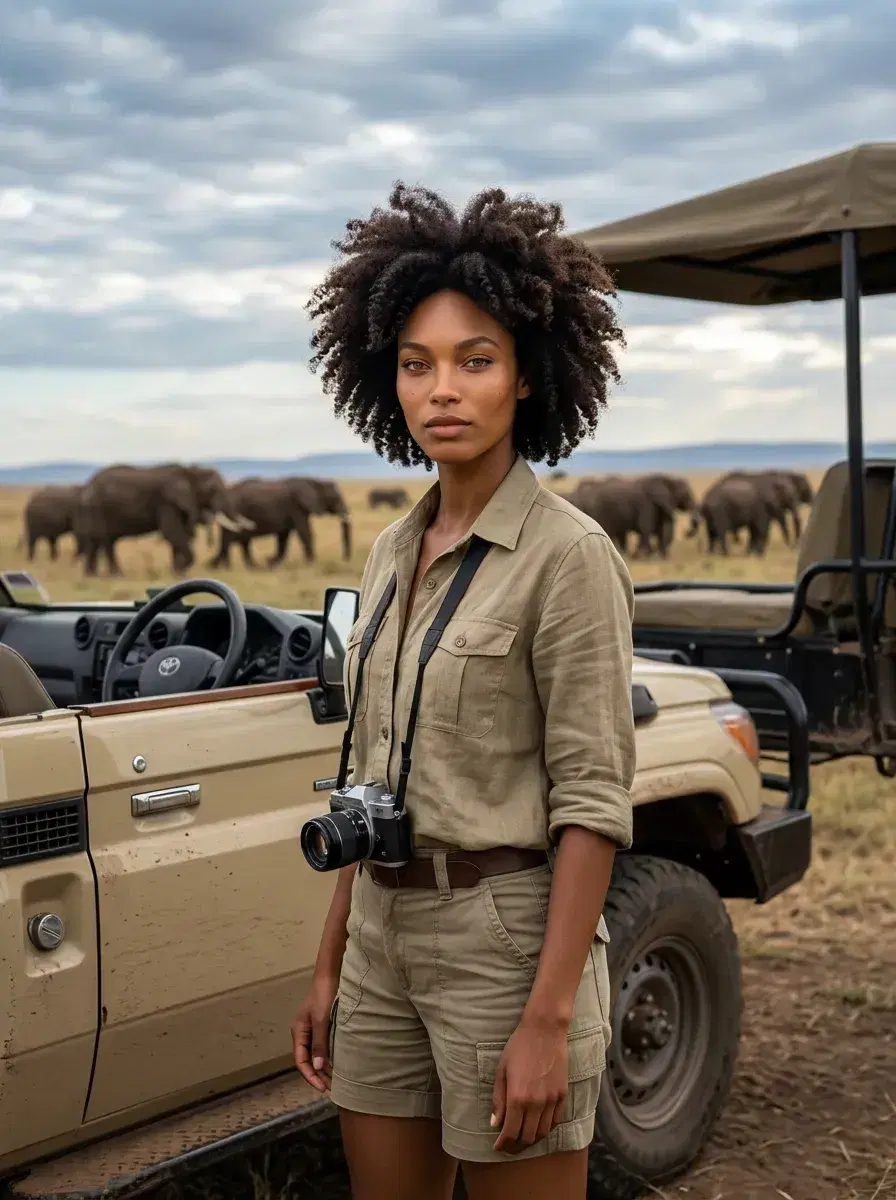 AI AI Masai Mara Photos — Safari Portraits — Person beside a safari vehicle on the Masai Mara with elephants visible in the distance