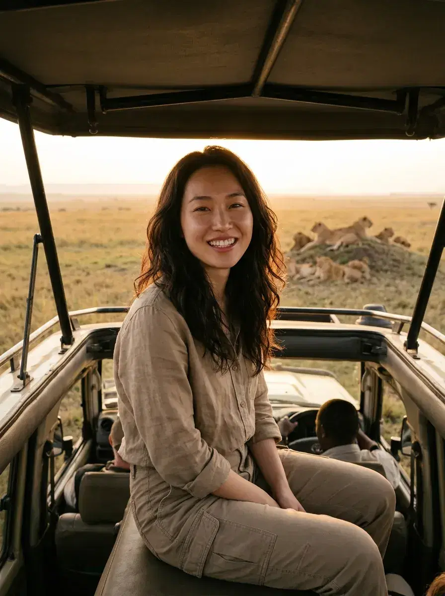 AI AI Masai Mara Photos — Safari Portraits — Person seated on top of a safari vehicle with lions resting nearby on the Masai Mara