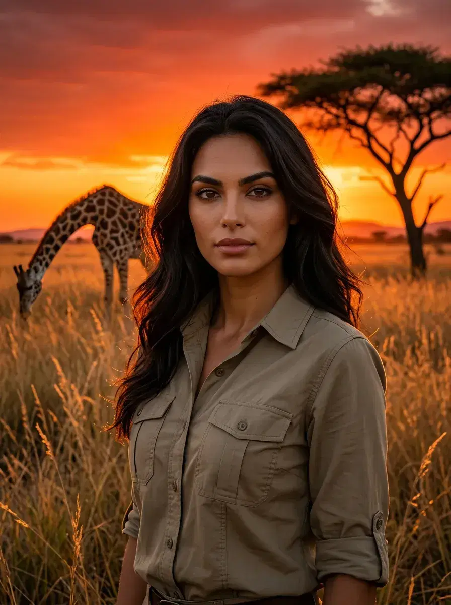 AI AI Masai Mara Photos — Safari Portraits — Person in tall savanna grass with a giraffe and blazing Kenyan sunset behind them