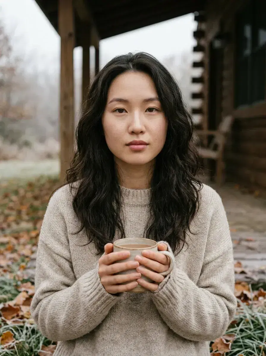 AI AI November Photos — Cozy Autumn Vibes — Person in knitwear holding a warm drink on a frost-touched cabin porch in November