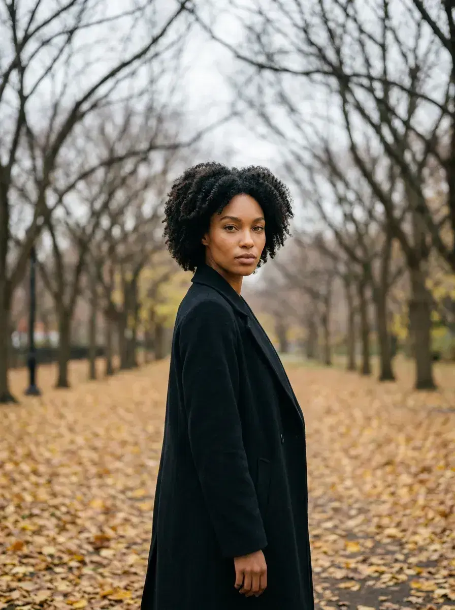 AI AI November Photos — Cozy Autumn Vibes — Person in long coat in a bare-tree tunnel in a city park in November