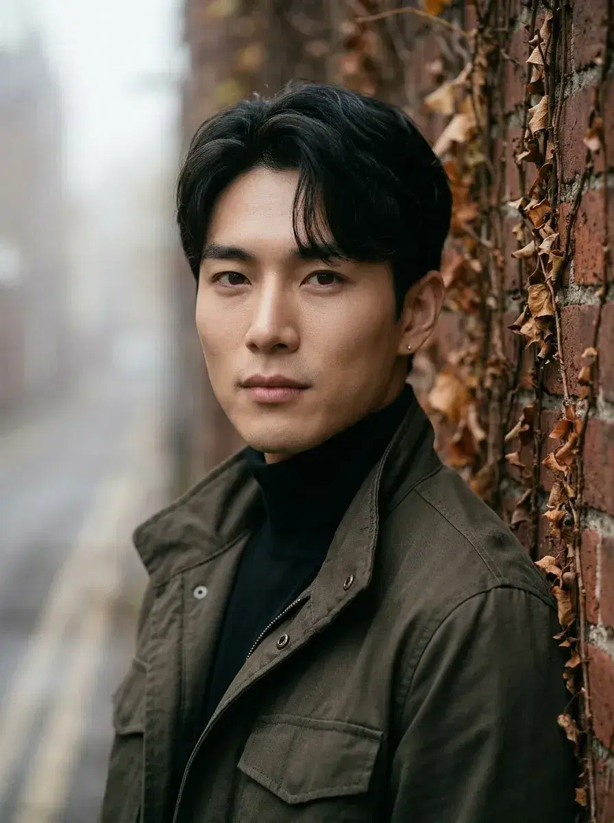 AI AI November Photos — Cozy Autumn Vibes — Person leaning against a red-brick wall with dried autumn ivy in November