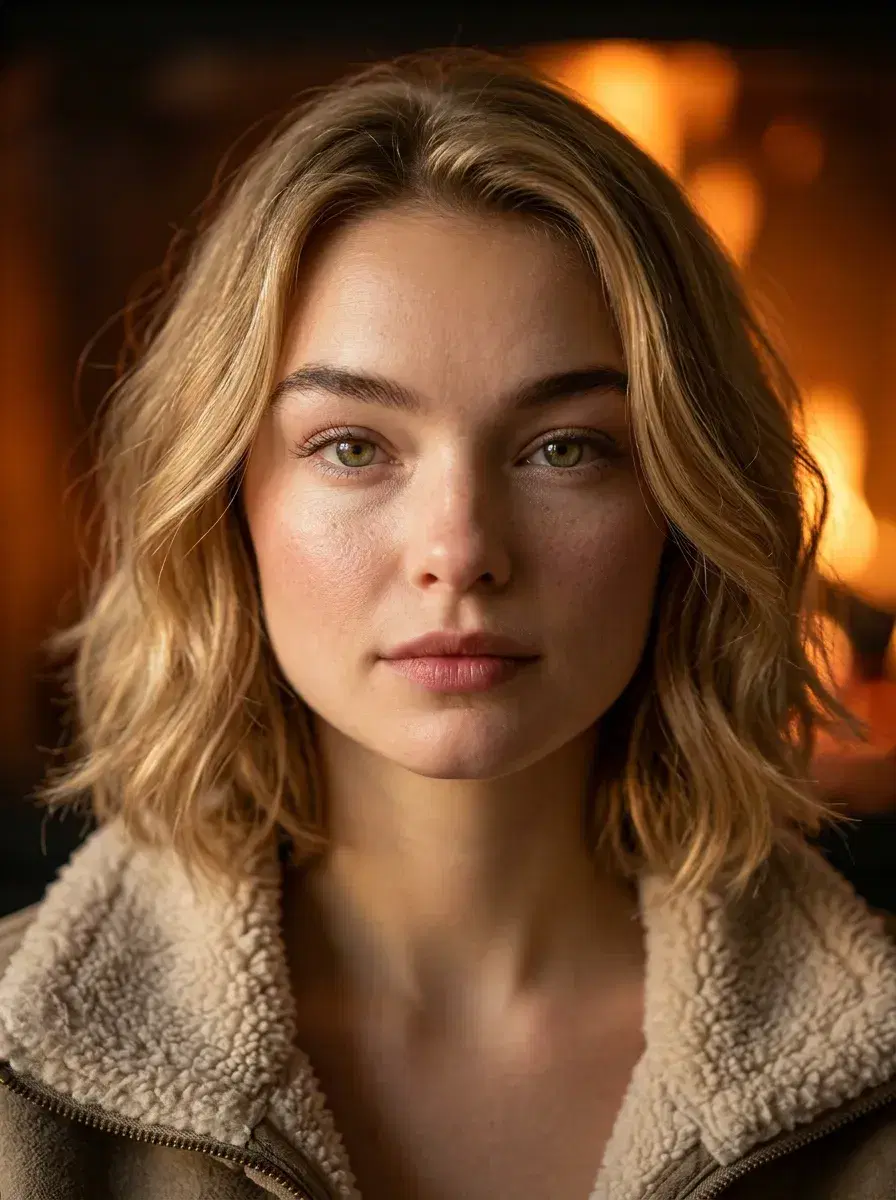 AI AI November Photos — Cozy Autumn Vibes — Close-up portrait of person with warm fireplace amber light in a cozy November indoor setting