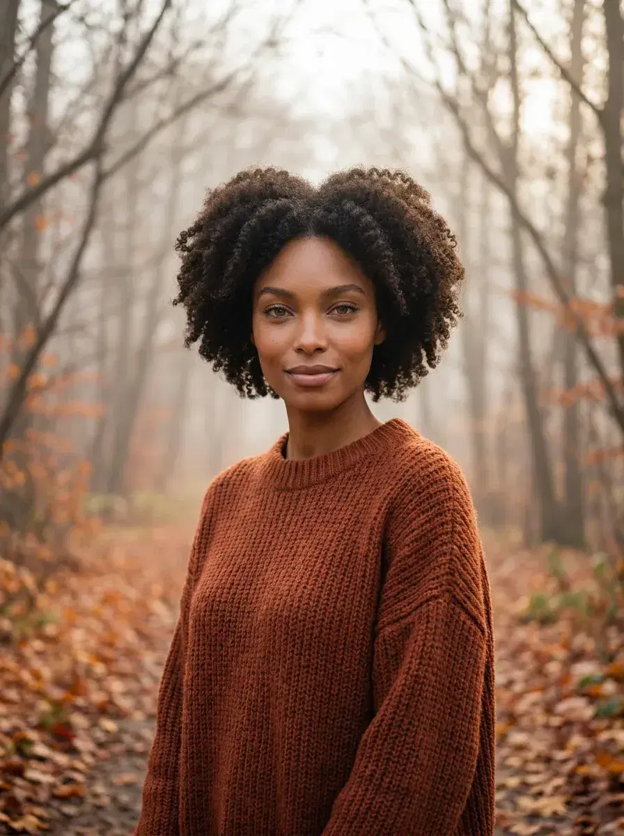 AI AI November Photos — Cozy Autumn Vibes — Person in cozy knit sweater on a misty autumn forest trail with fallen leaves