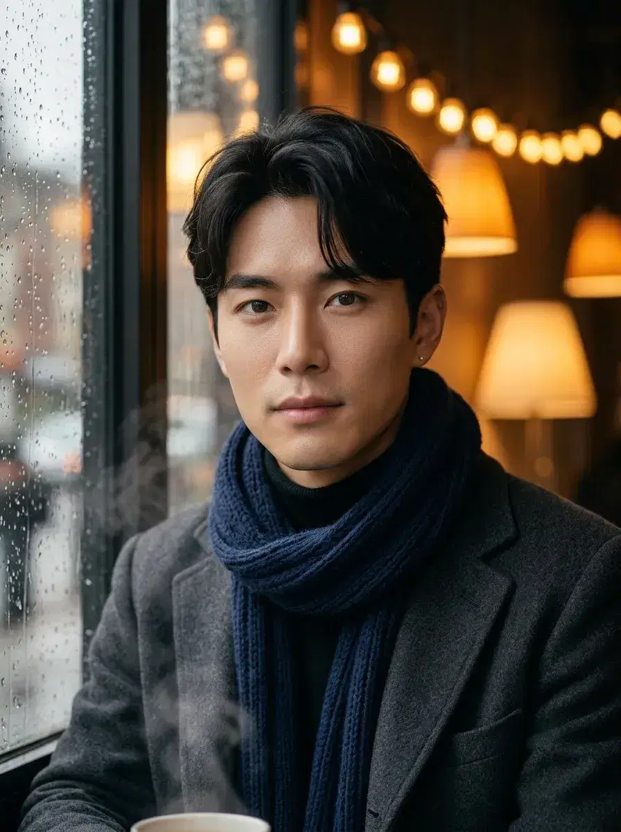 AI AI November Photos — Cozy Autumn Vibes — Person in cozy layers by a rainy coffee shop window with warm ambient light