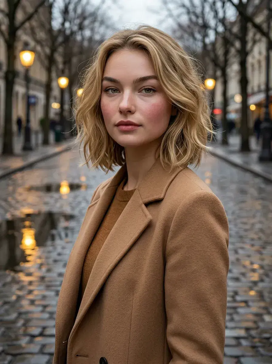 AI AI November Photos — Cozy Autumn Vibes — Person in camel coat on a wet cobblestone city street at dusk with golden lamp reflections
