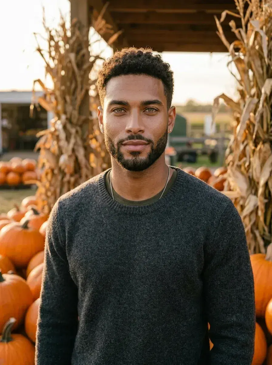 AI AI November Photos — Cozy Autumn Vibes — Person at an autumn farm market stall surrounded by pumpkins and warm earth tones