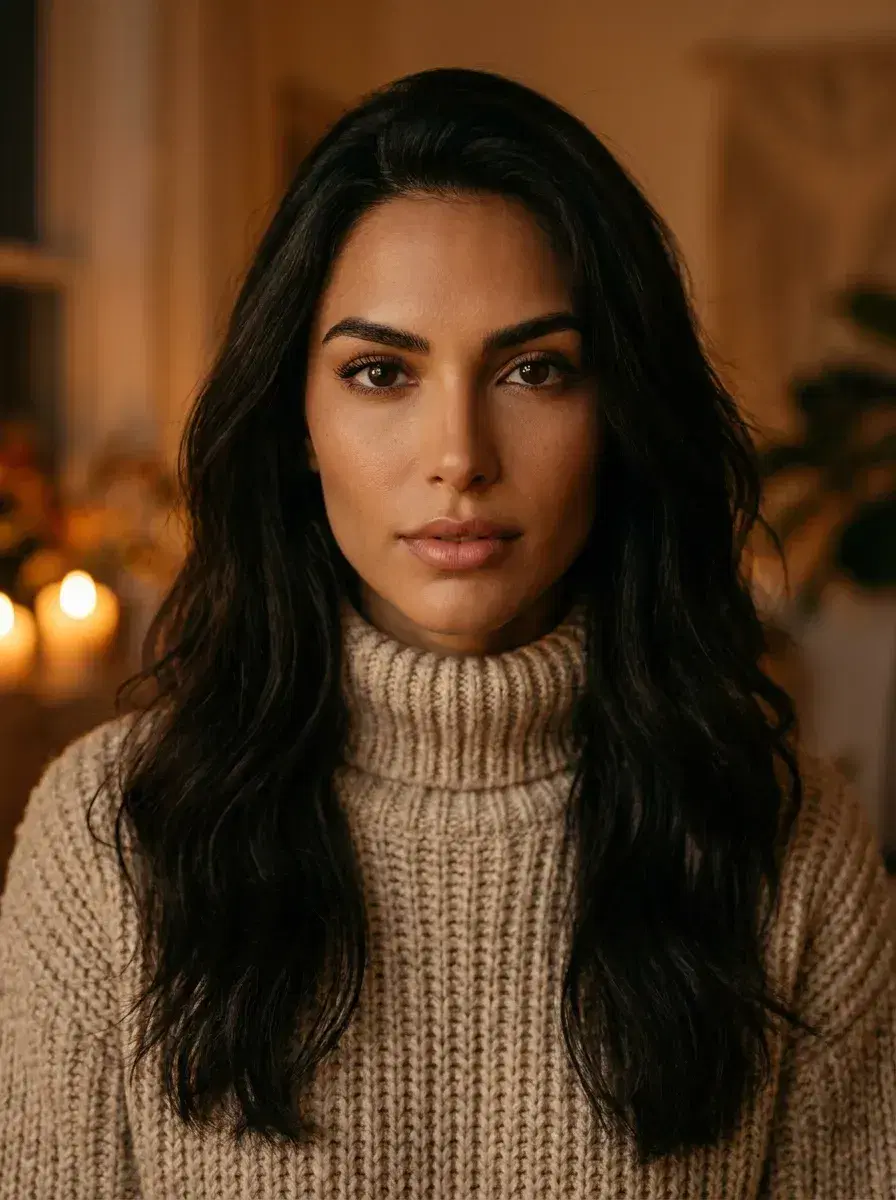 AI AI November Photos — Cozy Autumn Vibes — Close-up portrait of person in turtleneck lit by warm candlelight indoors