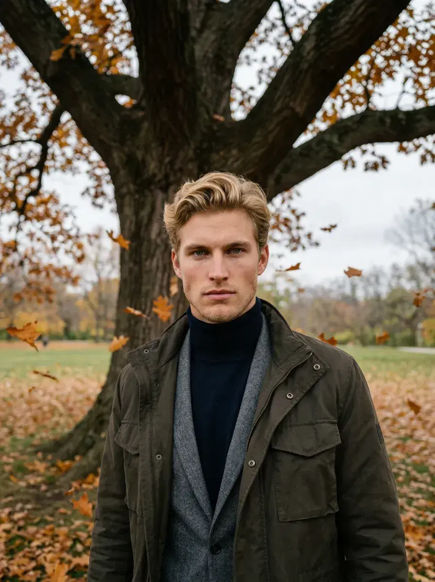 AI AI November Photos — Cozy Autumn Vibes — Person in autumn layers under a large oak tree shedding orange and gold leaves