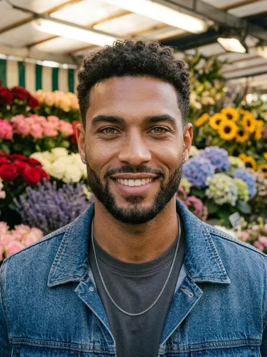AI AI Paris Photos — Your Parisian Photoshoot from One Selfie — Joyful portrait at a Parisian flower market