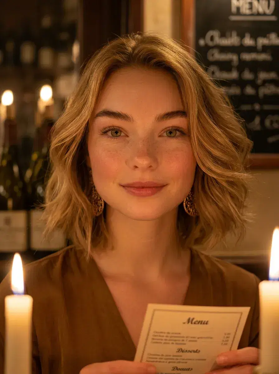 AI AI Paris Photos — Your Parisian Photoshoot from One Selfie — Candlelit portrait inside a classic Parisian bistro at night