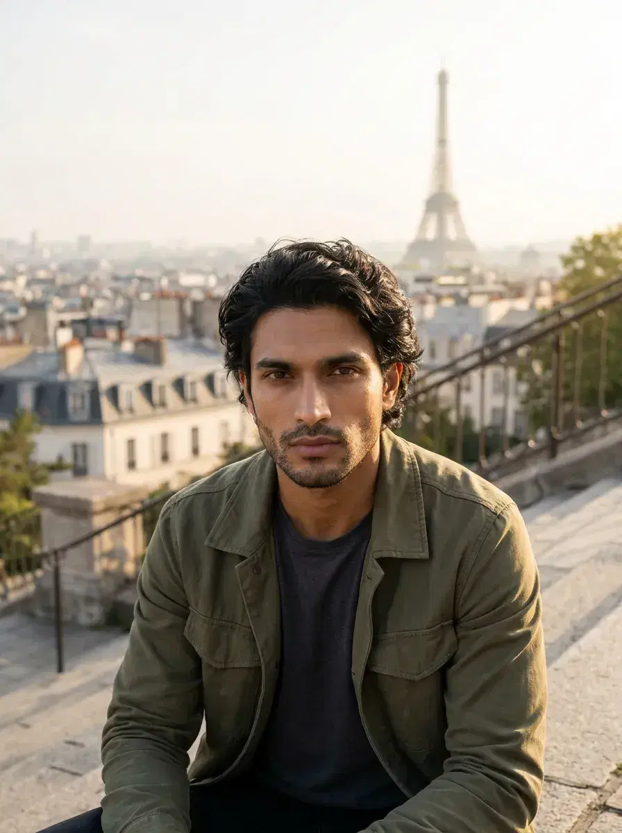 AI AI Paris Photos — Your Parisian Photoshoot from One Selfie — Portrait on the steps of Sacré-Cœur with Paris below