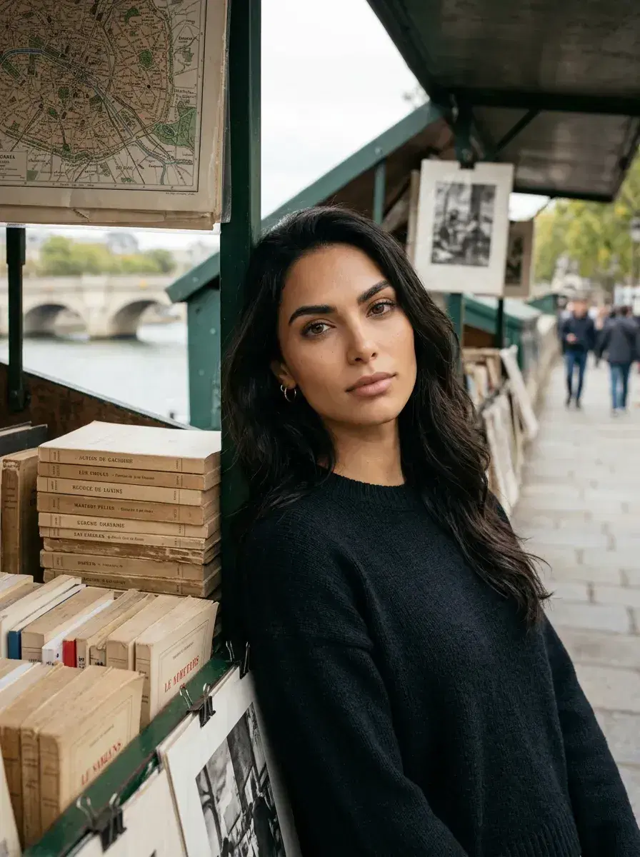 AI AI Paris Photos — Your Parisian Photoshoot from One Selfie — Portrait at a classic bouquiniste bookstall along the Seine