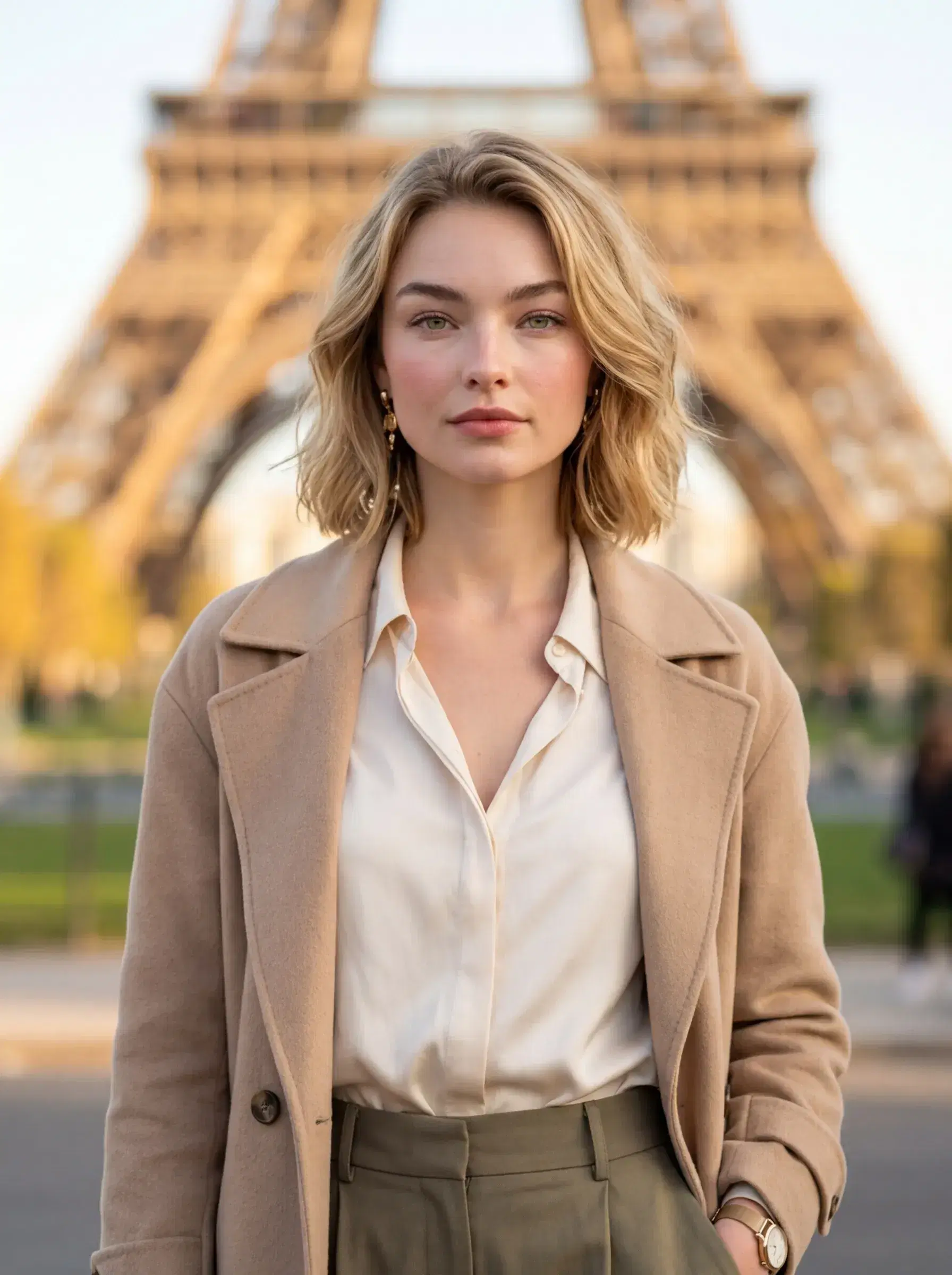 AI AI Paris Photos — Your Parisian Photoshoot from One Selfie — Person posing in front of the Eiffel Tower in golden afternoon light