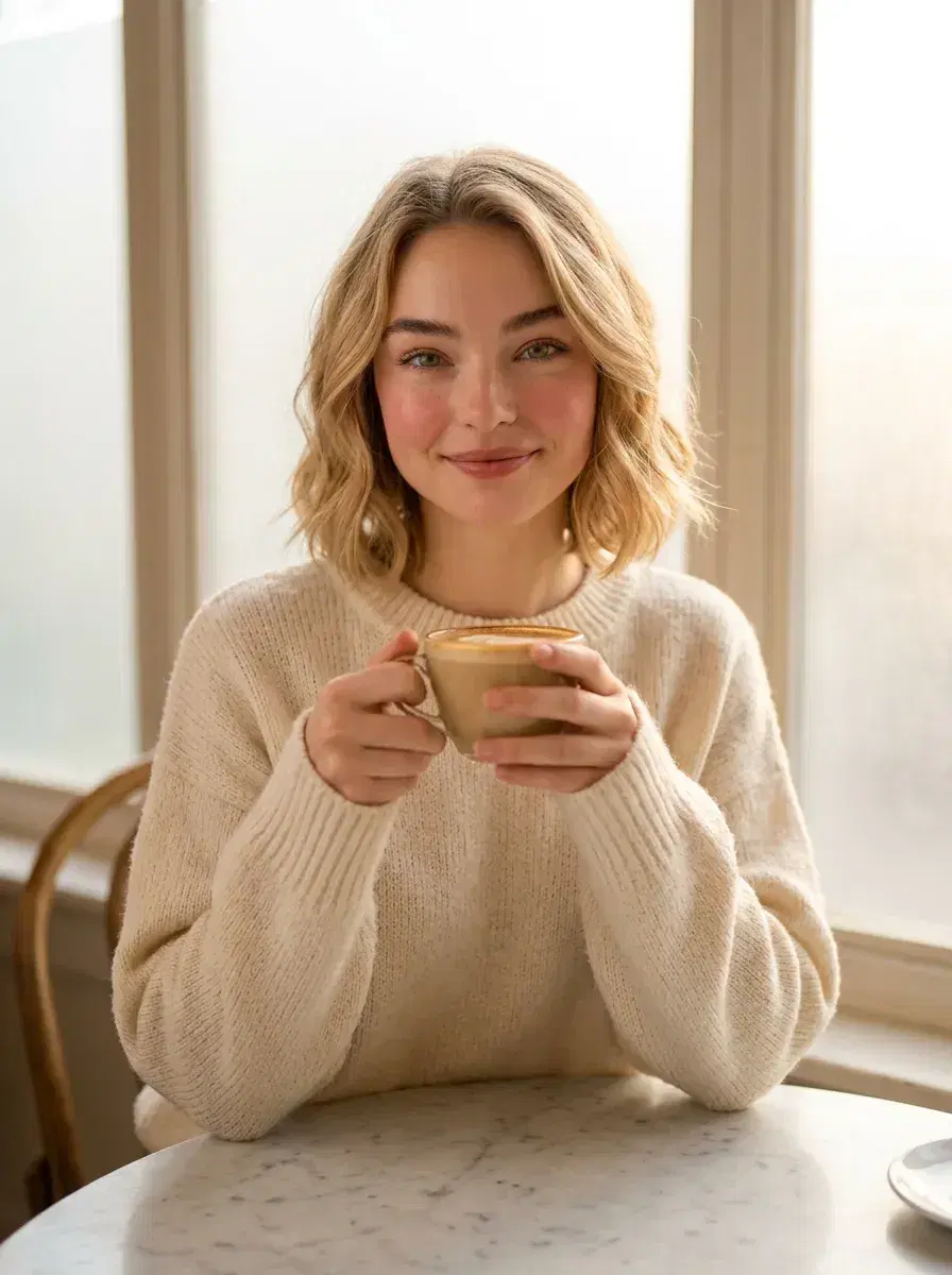 AI AI Photo Dump — Effortless Summer Vibes — Casual waist-up AI photo dump shot at a sunny coastal town wall