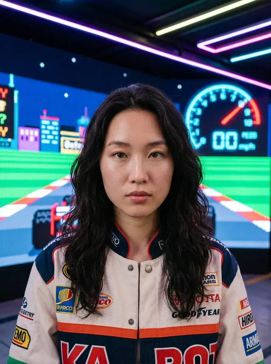 AI AI Pixel Art Photos — Retro Game Vibes — Person in 16-bit racing style beside a pixel art race car on a retro track