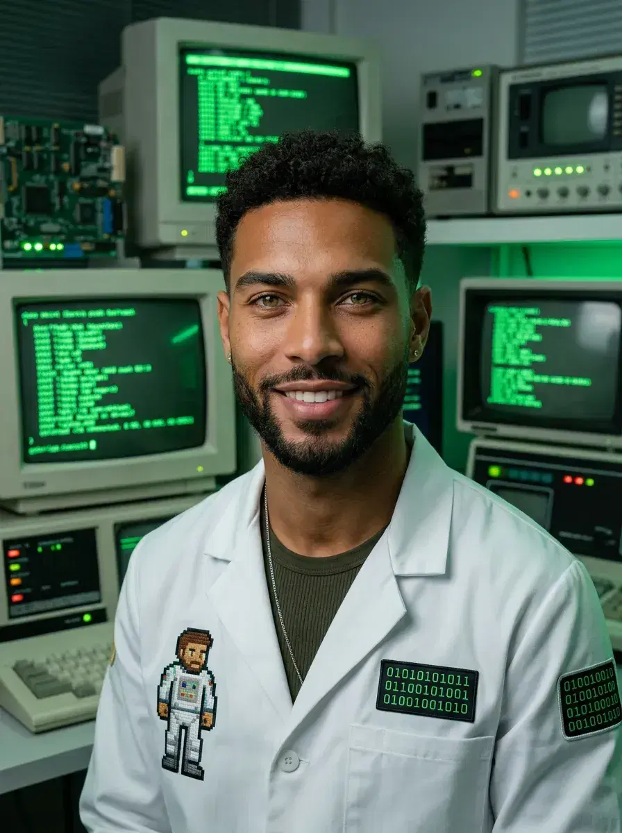 AI AI Pixel Art Photos — Retro Game Vibes — Person in retro 8-bit space suit on a pixelated alien planet surface