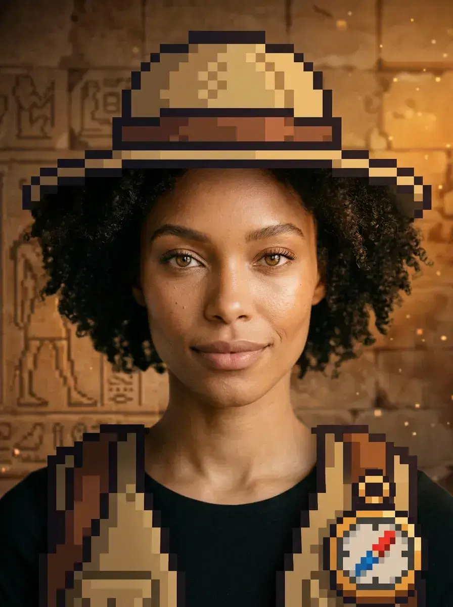 AI AI Pixel Art Photos — Retro Game Vibes — Close-up pixel art portrait of person as a cyberpunk hacker with neon grid lighting