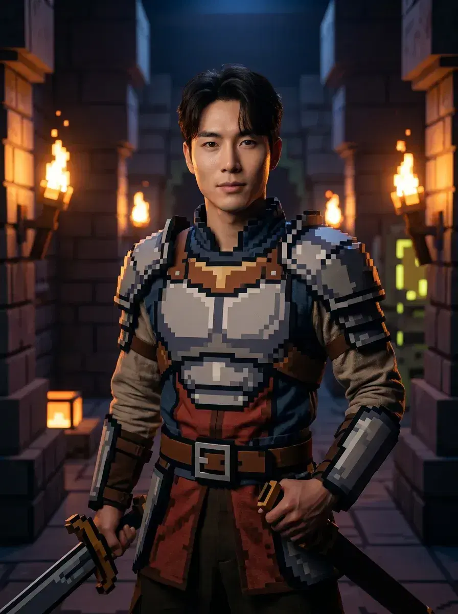 AI AI Pixel Art Photos — Retro Game Vibes — Person as a pixel art RPG hero in a glowing 8-bit dungeon